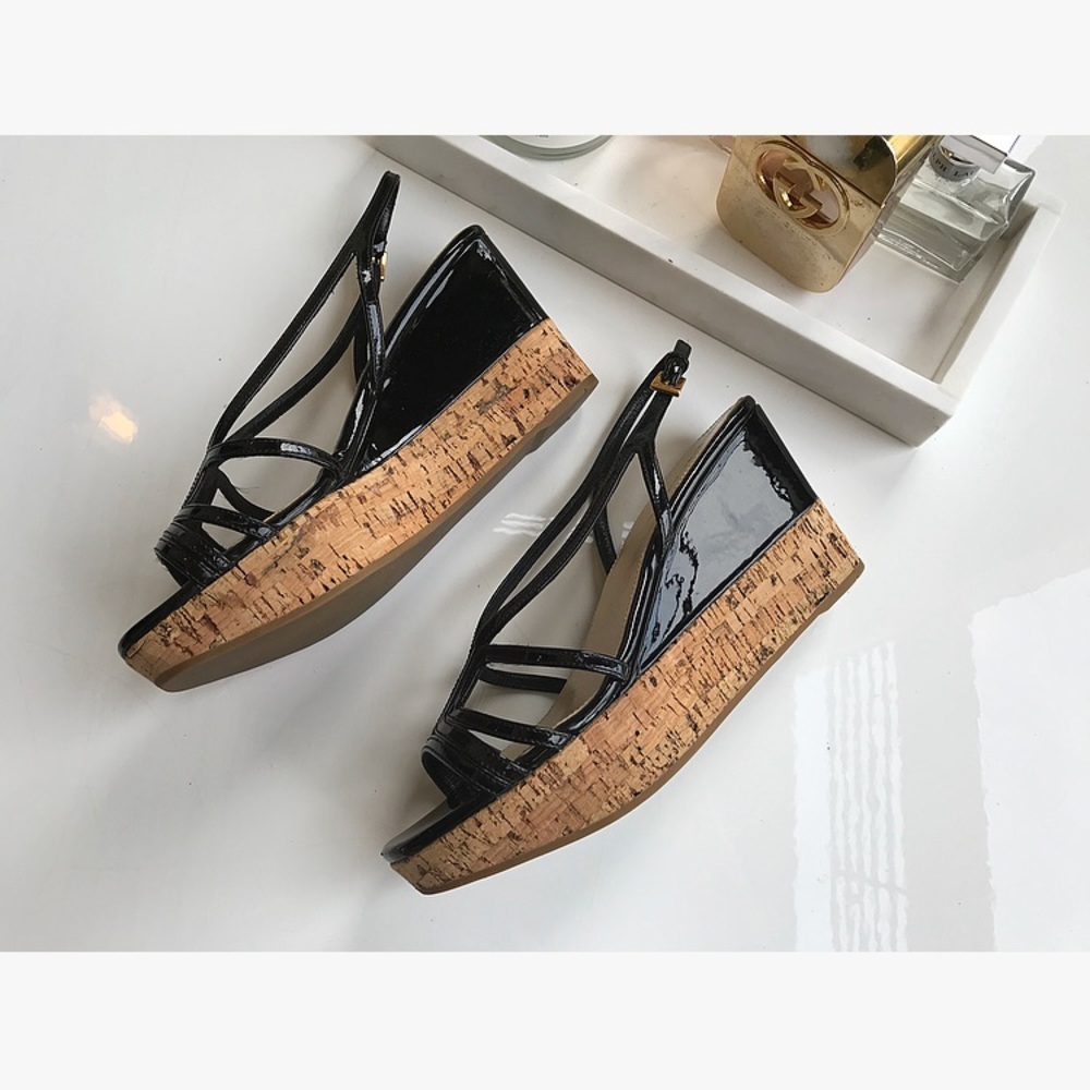 Prada Black Patent Leather Wedge Heels